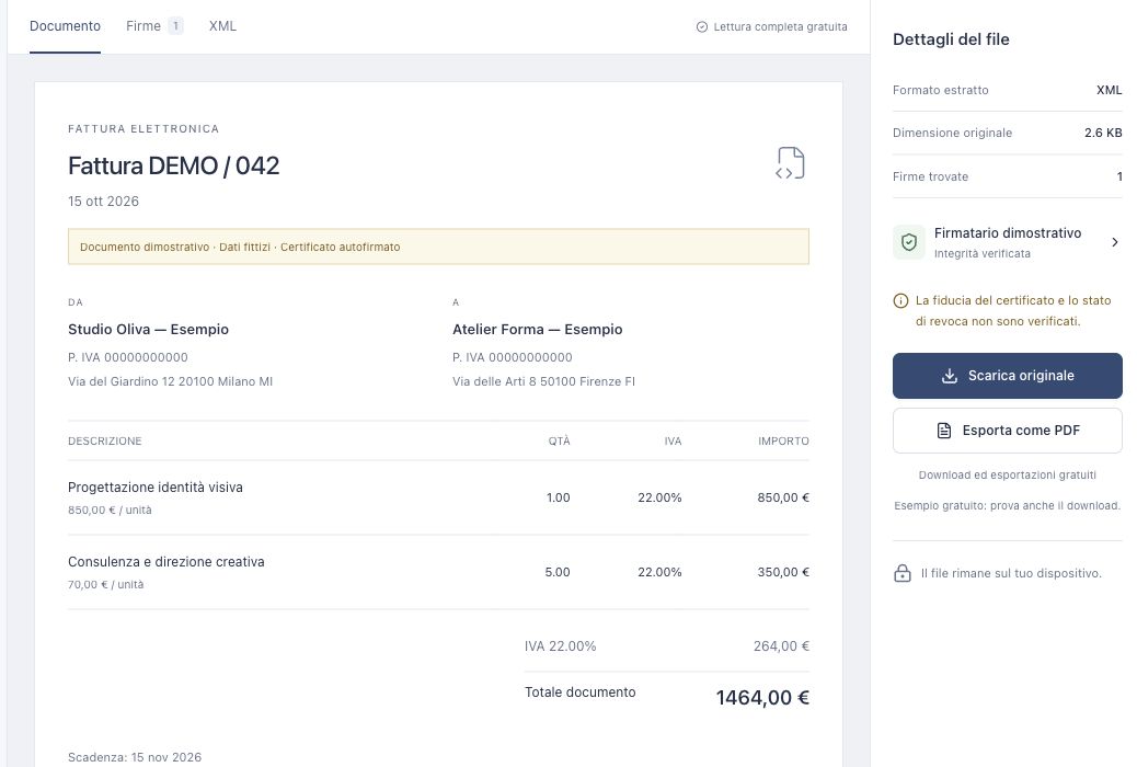 Fattura XML.P7M dimostrativa aperta nel lettore, con dati leggibili e pulsanti per scaricare l’originale ed esportare un PDF gratuito.